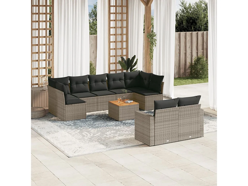10-tlg. Garten-Sofagarnitur mit Kissen Grau Poly Rattan