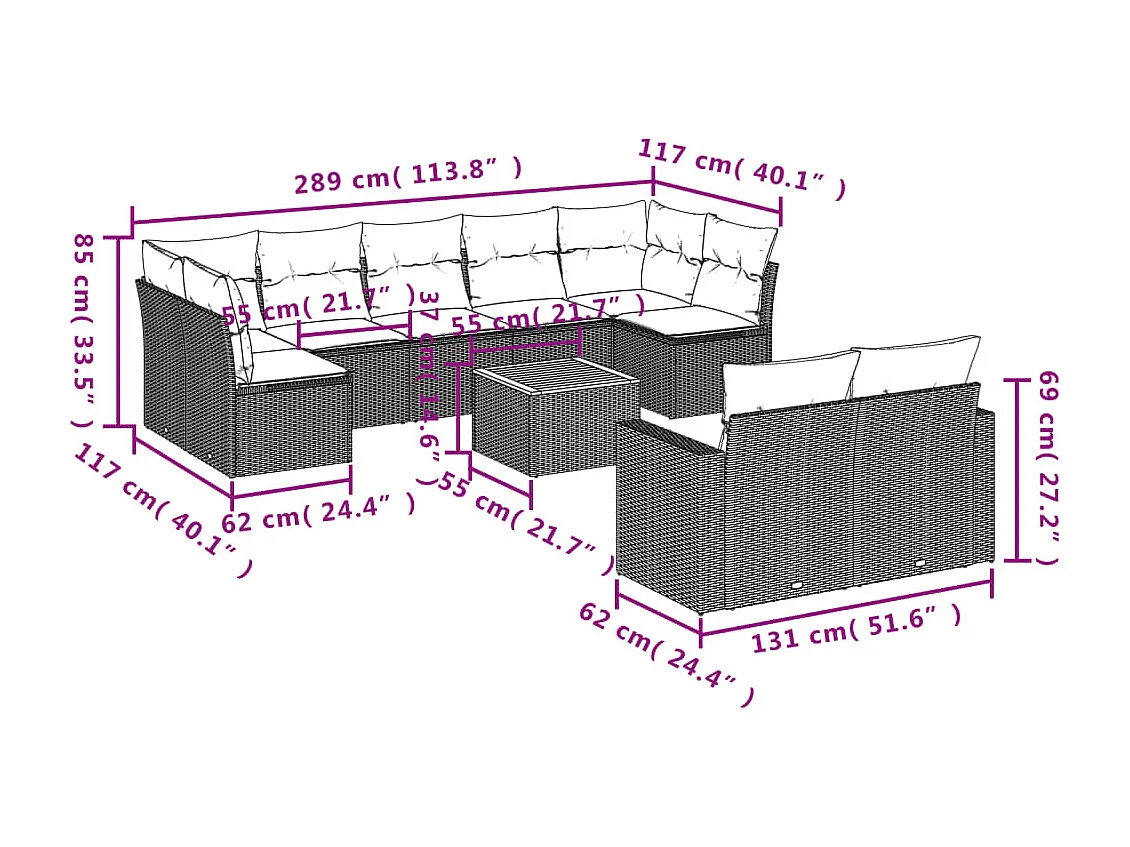 10-tlg. Garten-Sofagarnitur mit Kissen Grau Poly Rattan