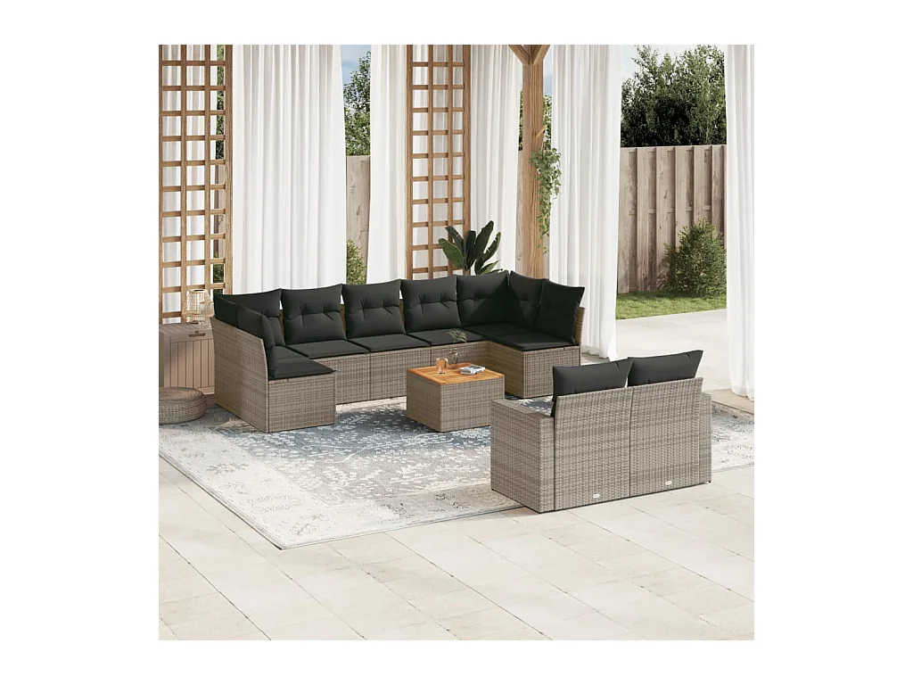 Salon de jardin avec coussins 10 pcs gris résine tressée