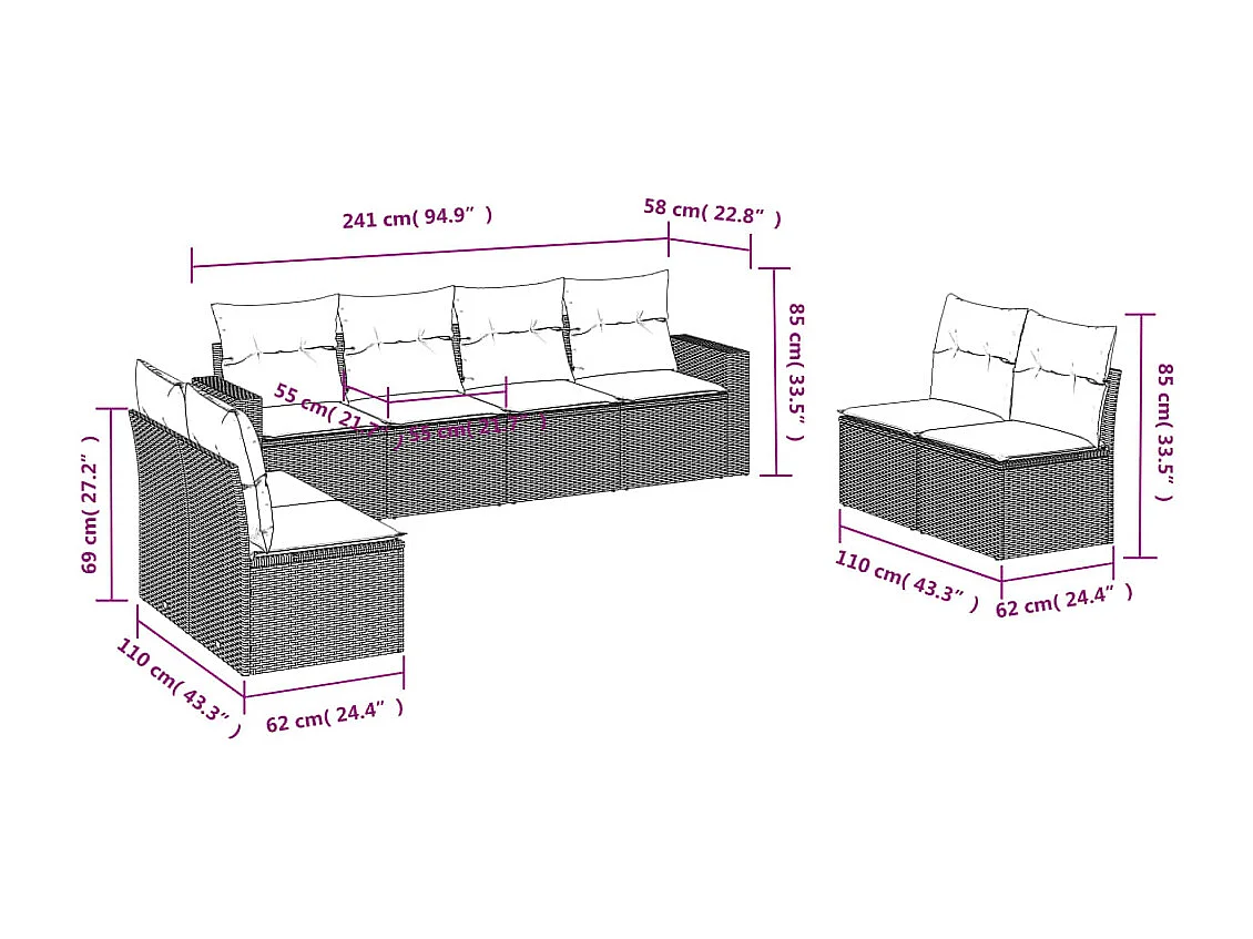 Salon de jardin 8 pcs avec coussins noir résine tressée