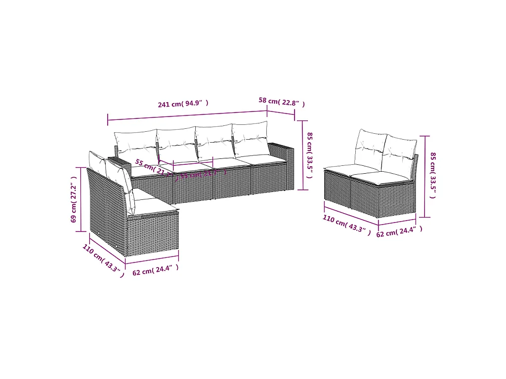 8-delige Loungeset met kussens poly rattan zwart