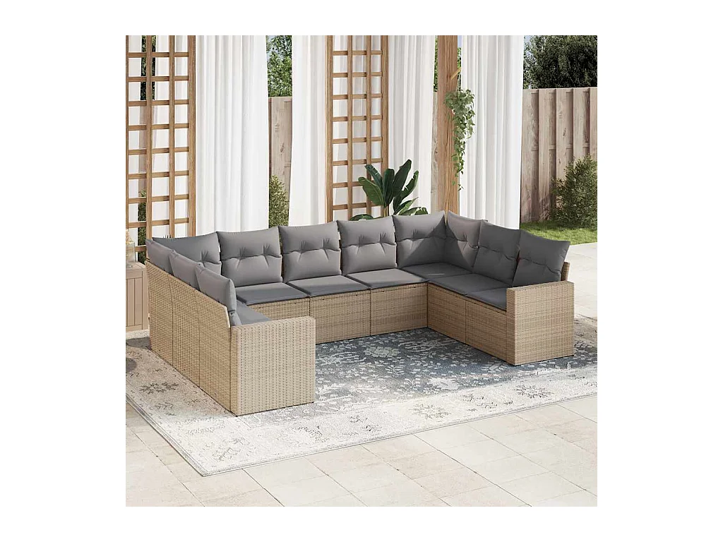 9-delige Loungeset met kussens poly rattan beige