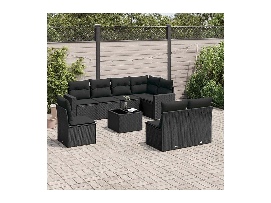 Salon de jardin 9 pcs avec coussins noir résine tressée