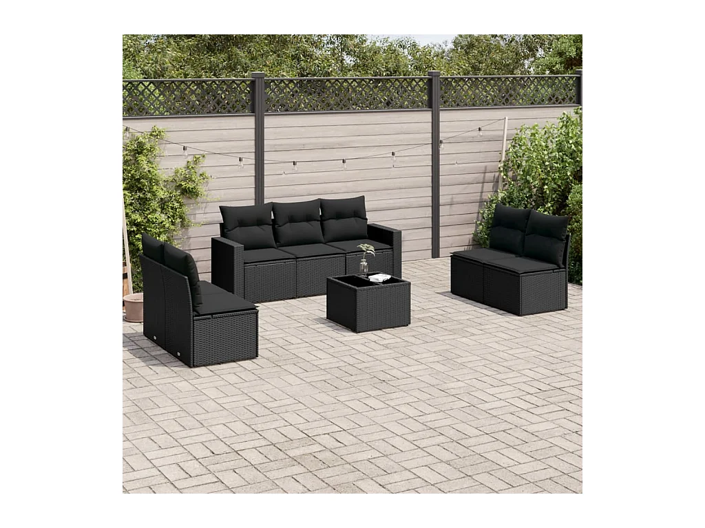 Salon de jardin 8 pcs avec coussins noir résine tressée