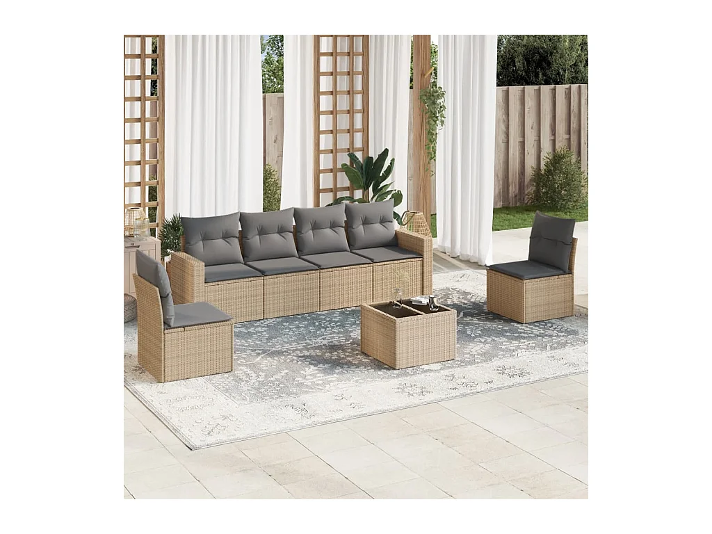 Salon de jardin avec coussins 7 pcs beige résine tressée