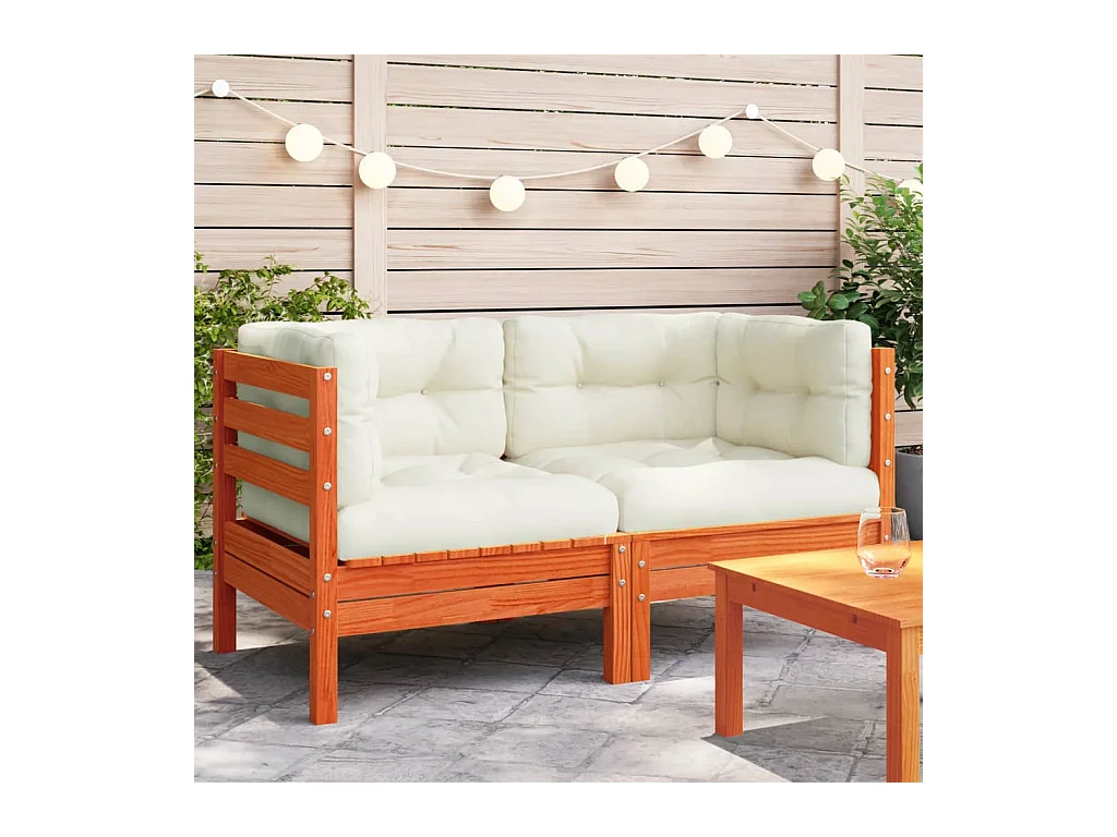 Canapé d'angle de jardin coussins 2 pcs cire marron pin massif