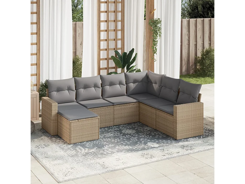 7-delige Loungeset met kussens poly rattan beige