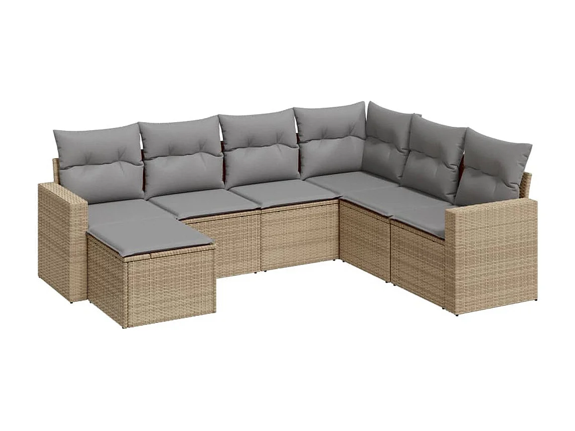 7-delige Loungeset met kussens poly rattan beige