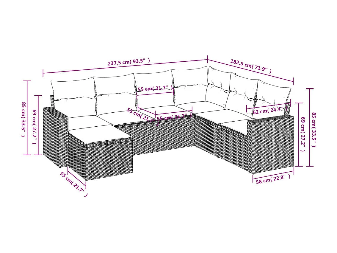 7-delige Loungeset met kussens poly rattan beige