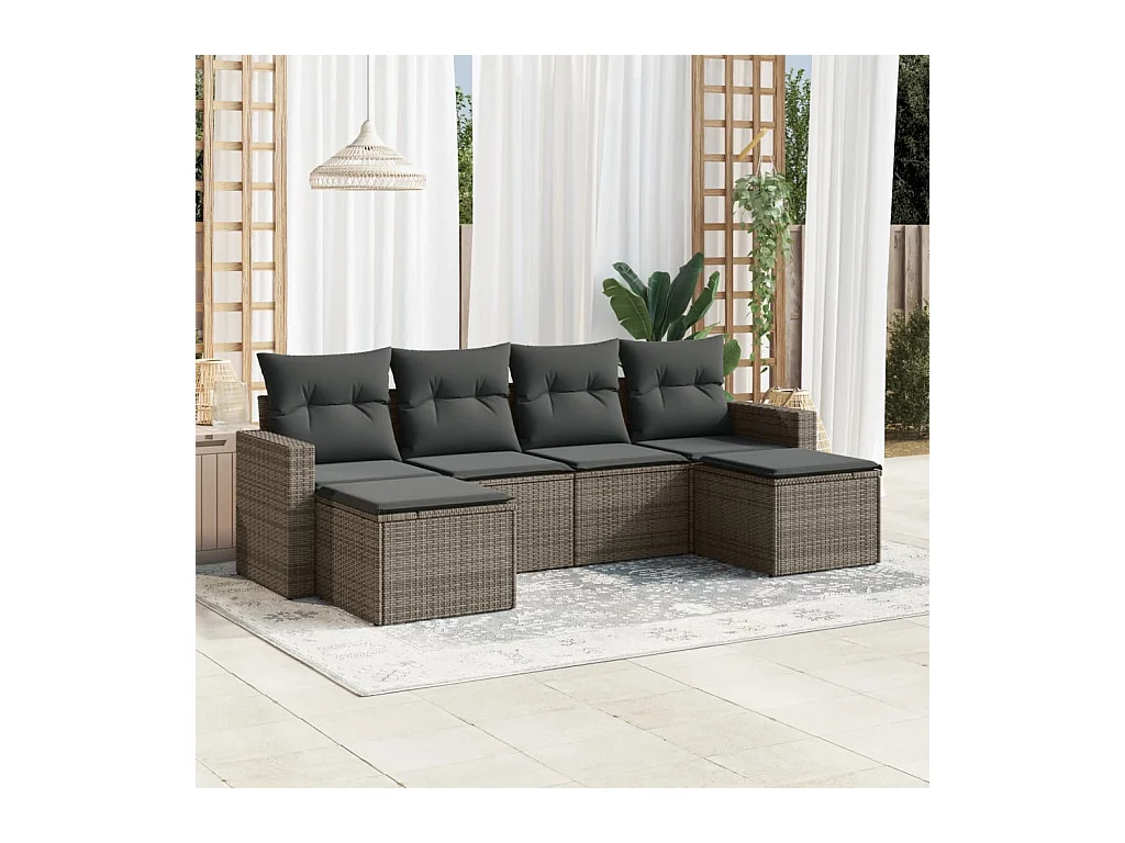 Salon de jardin 6 pcs avec coussins gris résine tressée