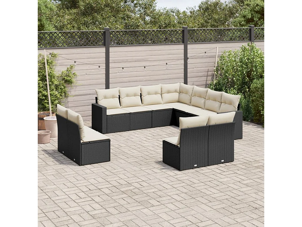 11-tlg. Garten-Sofagarnitur mit Kissen Schwarz Poly Rattan