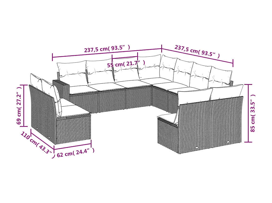 11-tlg. Garten-Sofagarnitur mit Kissen Schwarz Poly Rattan