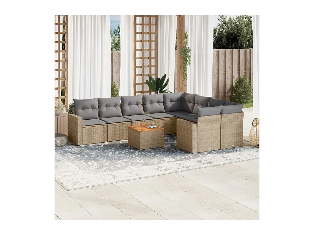 Set Divano da Giardino 10 pz con Cuscini Beige in Polyrattan