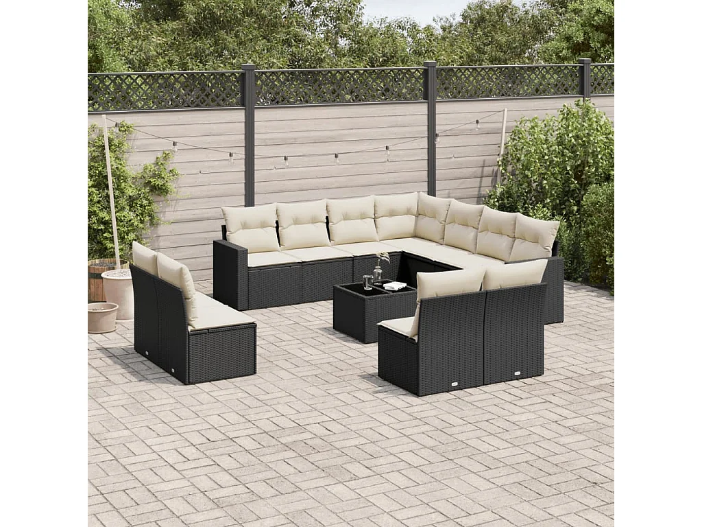 Salon de jardin 12 pcs avec coussins noir résine tressée