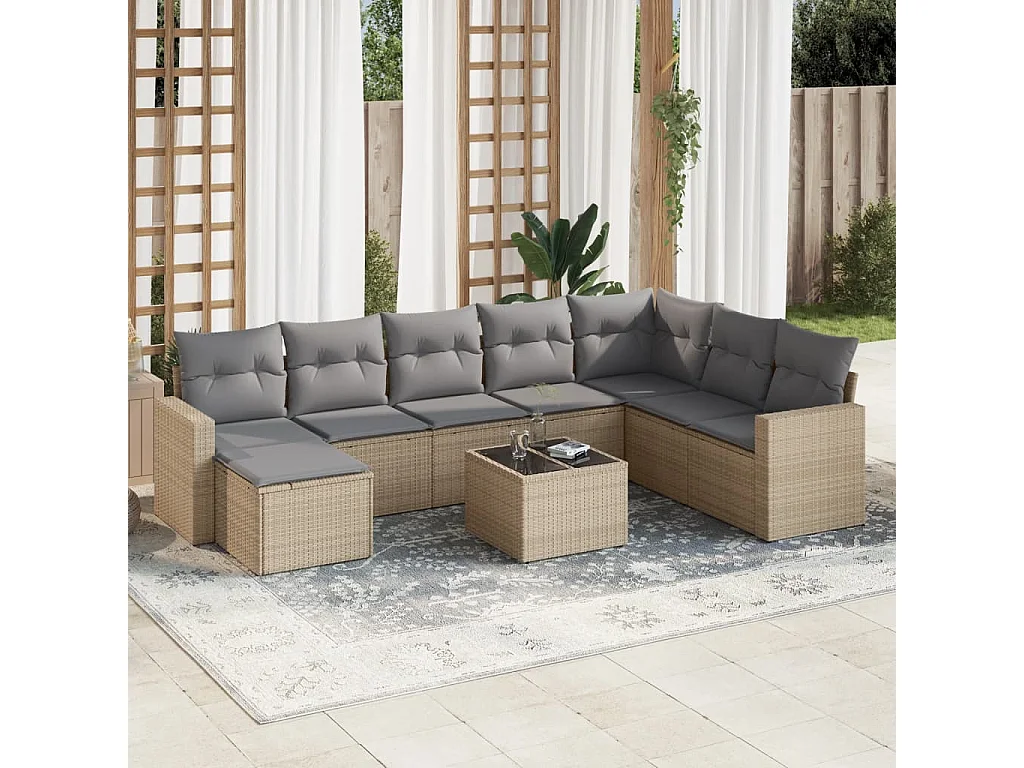 Salon de jardin avec coussins 9 pcs beige résine tressée