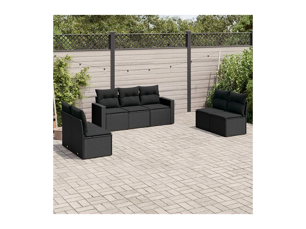 Salon de jardin 7 pcs avec coussins noir résine tressée
