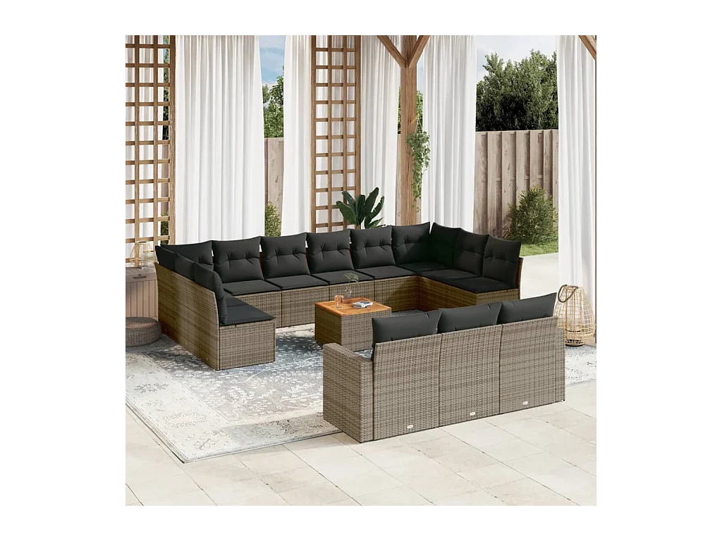 Salon de jardin avec coussins 14 pcs gris résine tressée