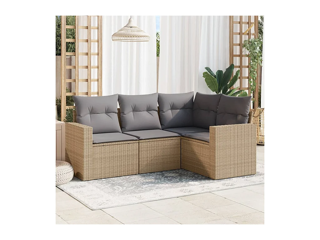 4 pcs conjunto de sofás para jardim c/ almofadões vime PE bege