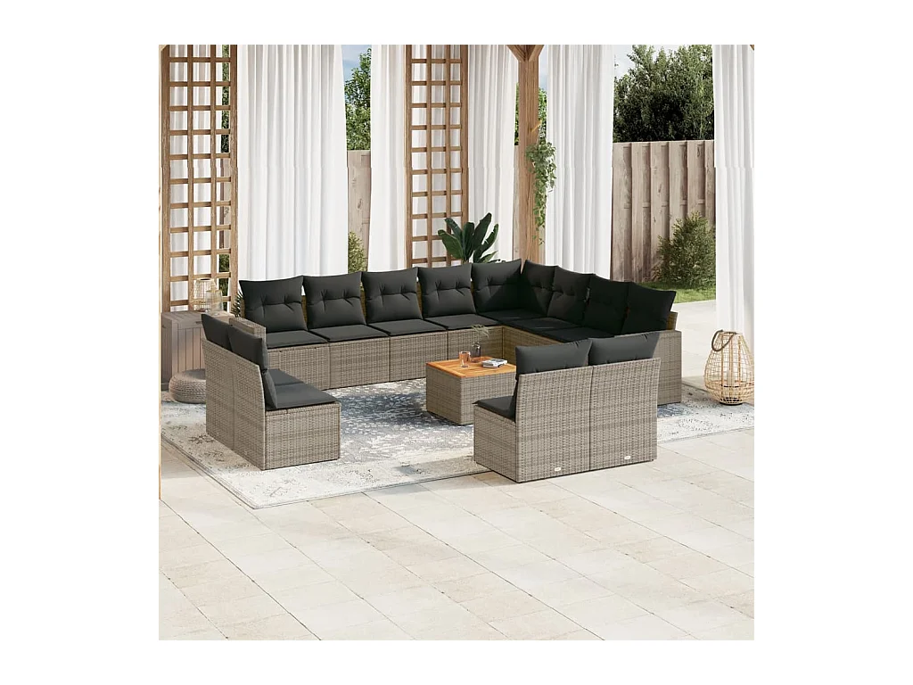 Salon de jardin avec coussins 13 pcs gris résine tressée
