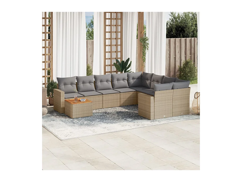 Salon de jardin avec coussins 10 pcs beige résine tressée