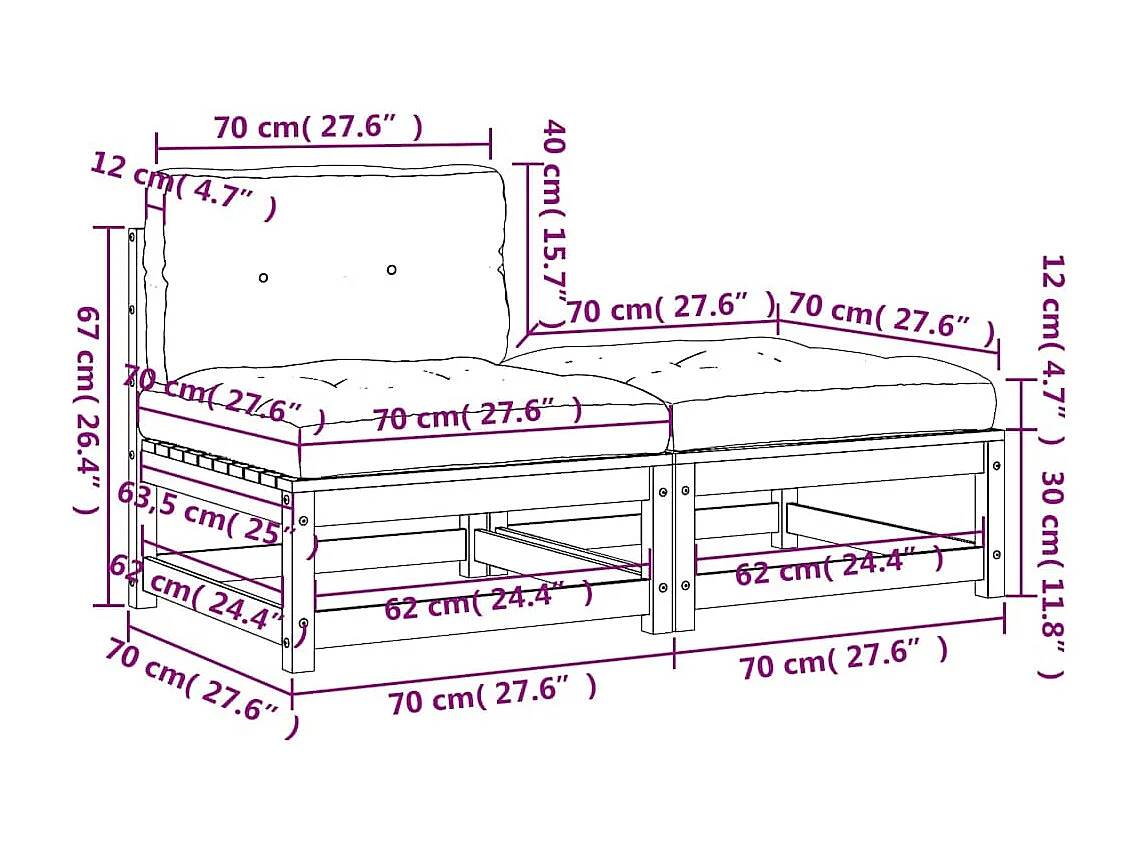 Canapé de jardin sans accoudoirs avec coussins et repose-pieds