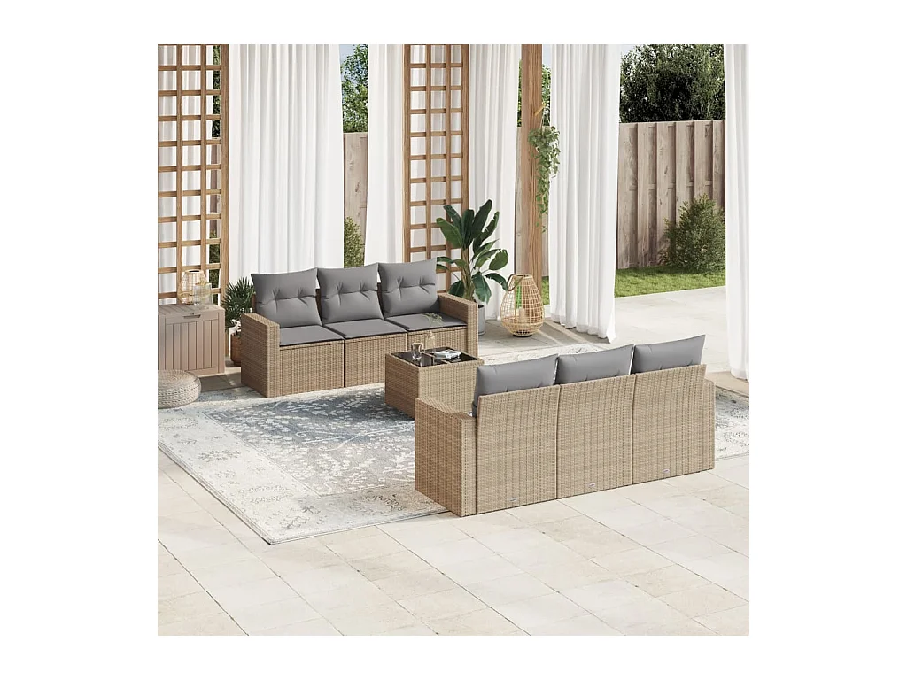 Set Divani da Giardino 7 pz con Cuscini Beige in Polyrattan