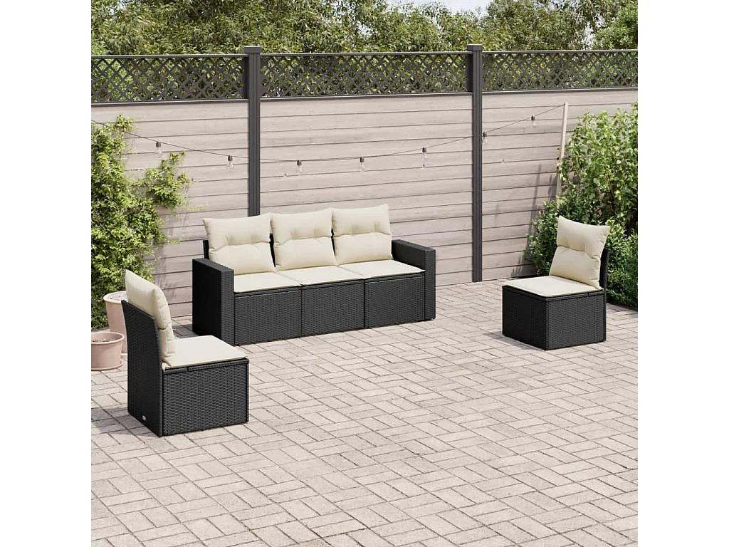 5-delige Loungeset met kussens poly rattan zwart