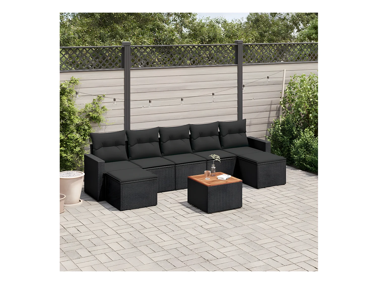 8-delige Loungeset met kussens poly rattan zwart