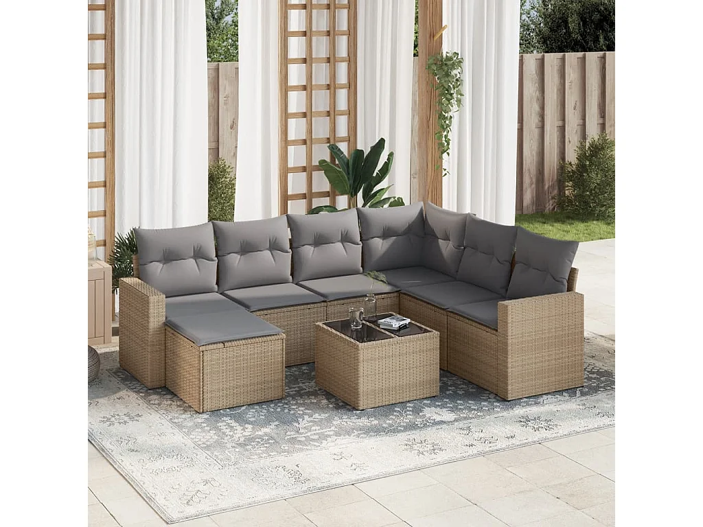 Set Divano da Giardino 8 pz con Cuscini Beige in Polyrattan