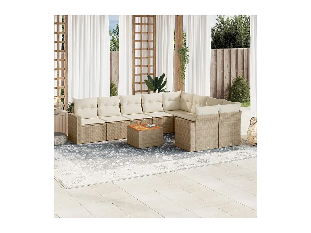 Salon de jardin avec coussins 10 pcs beige résine tressée
