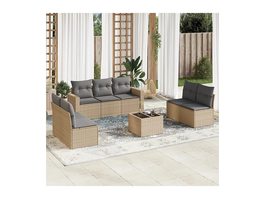 Salon de jardin avec coussins 8 pcs beige résine tressée