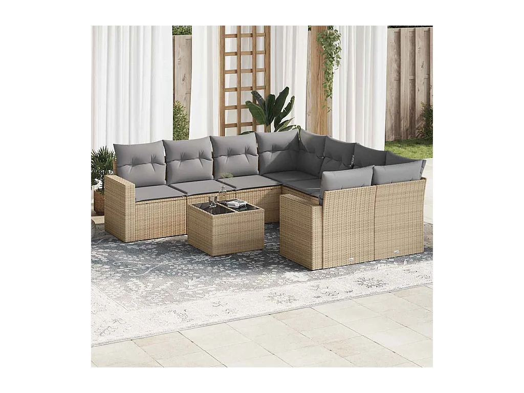 Salon de jardin avec coussins 9 pcs beige résine tressée