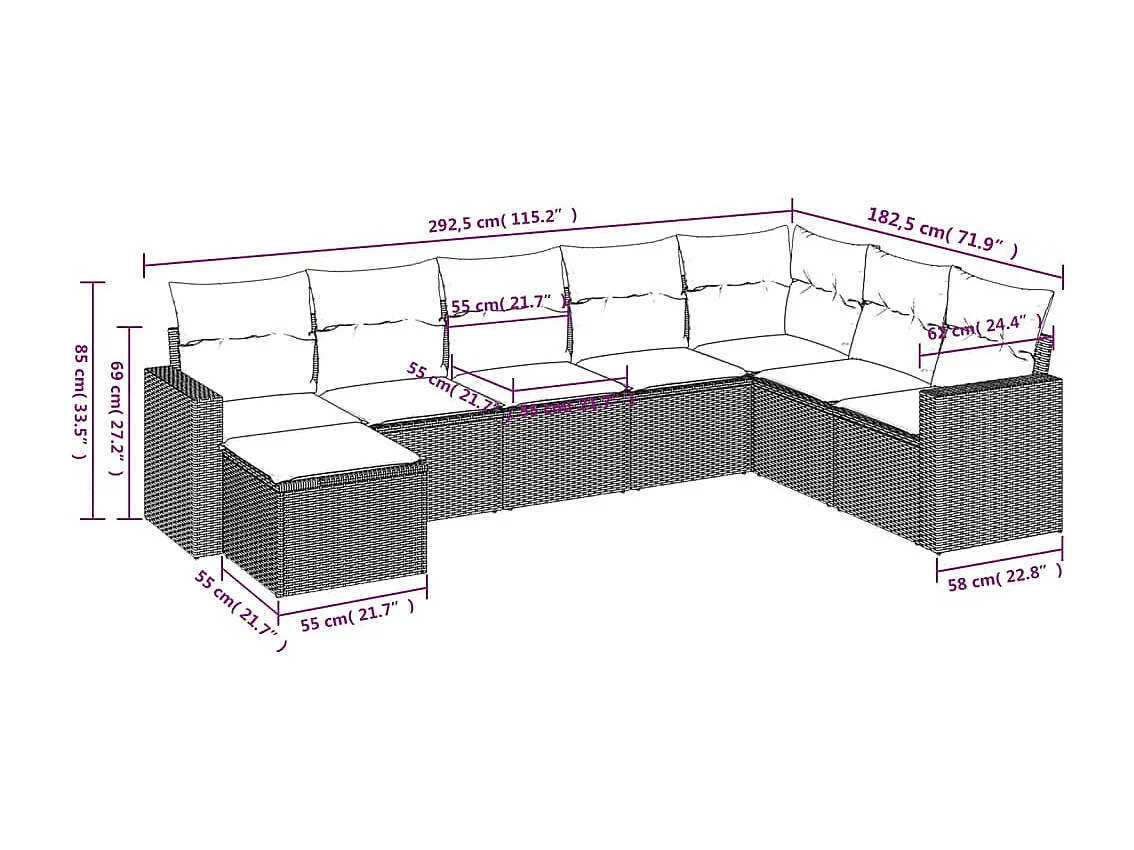 Set Divano da Giardino 8 pz con Cuscini Beige in Polyrattan