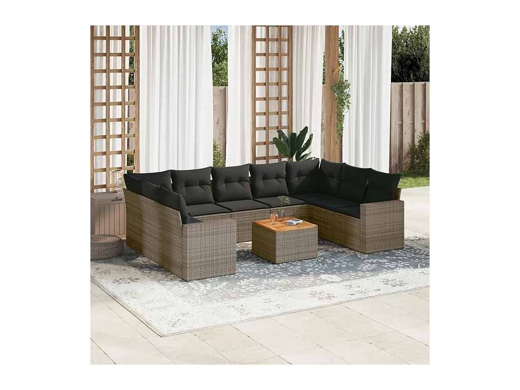 Salon de jardin avec coussins 10 pcs gris résine tressée