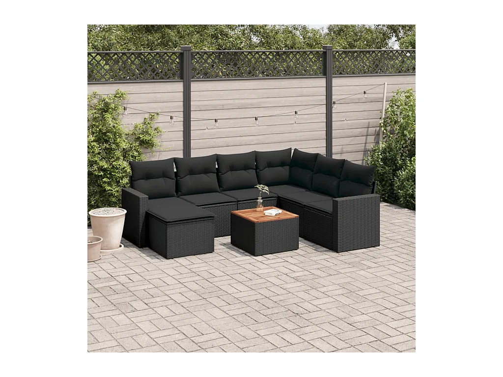 Salon de jardin 8 pcs avec coussins noir résine tressée