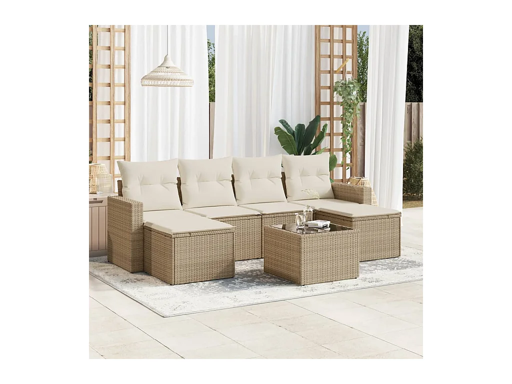 Salon de jardin avec coussins 7 pcs beige résine tressée
