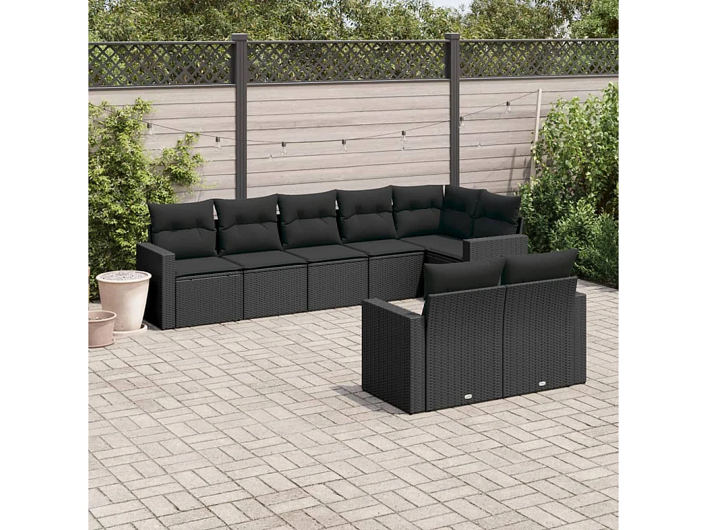 Salon de jardin 8 pcs avec coussins noir résine tressée