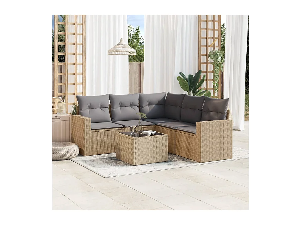 Set Divano da Giardino 6 pz con Cuscini Beige in Polyrattan