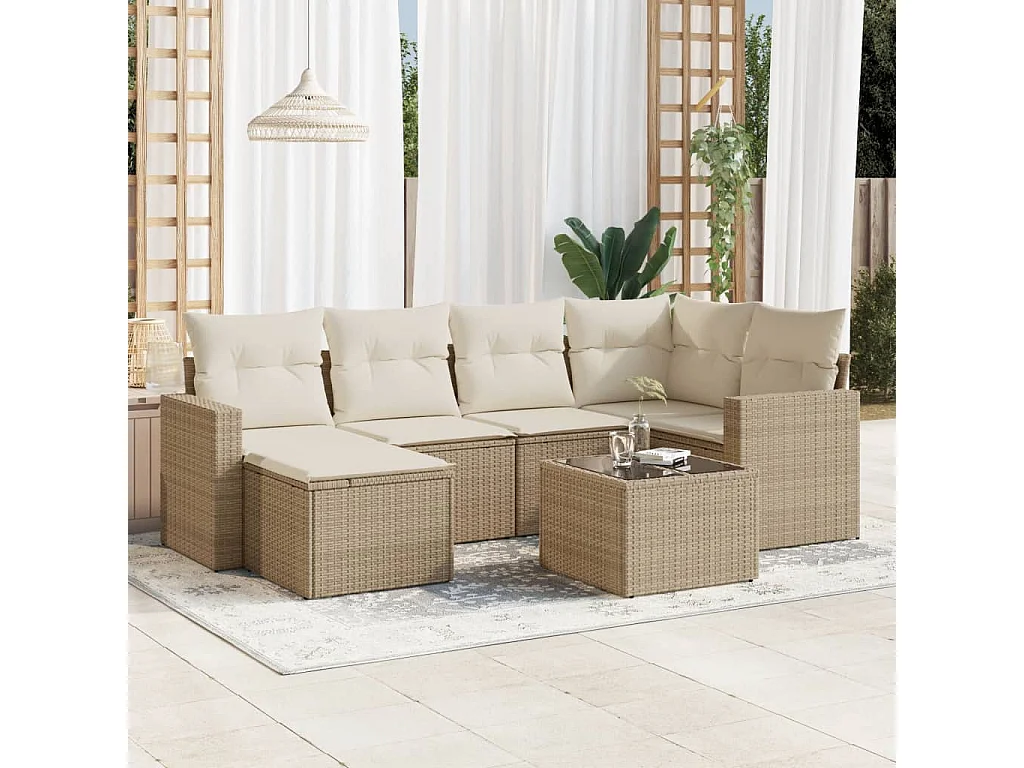 Salon de jardin avec coussins 7 pcs beige résine tressée