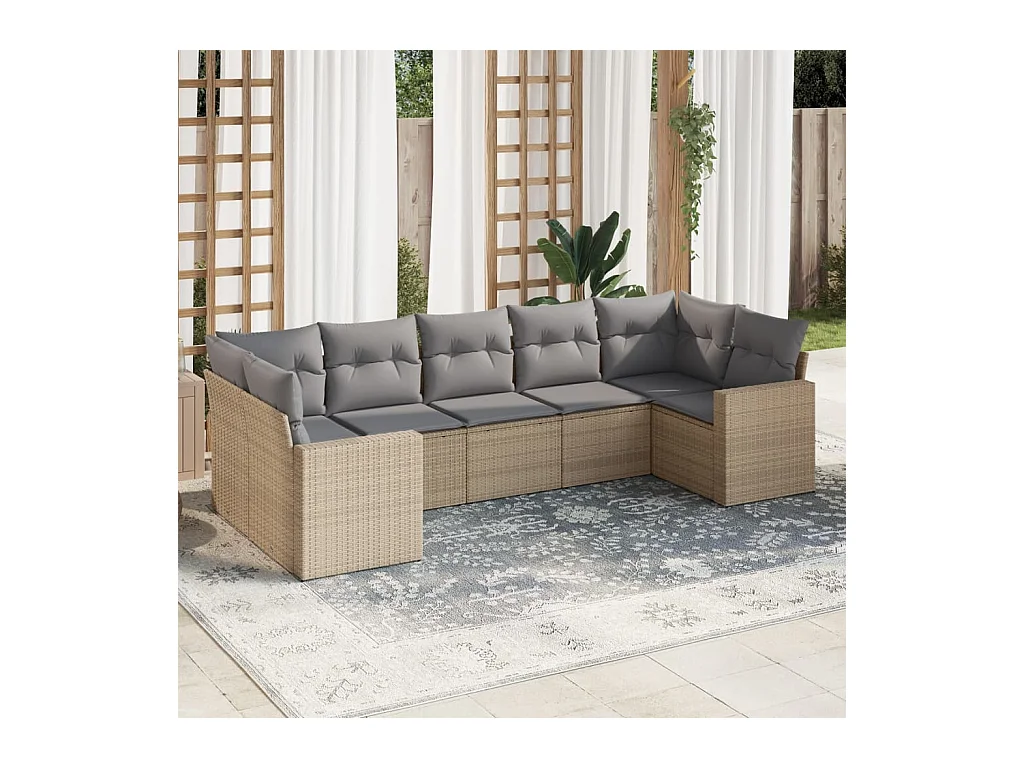 7-delige Loungeset met kussens poly rattan beige