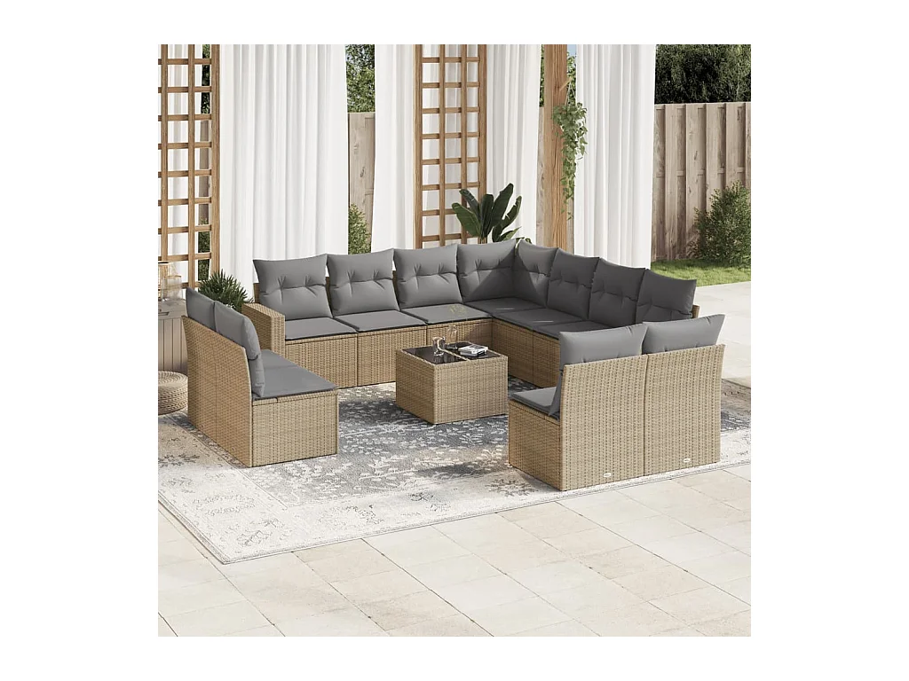 12-tlg. Garten-Sofagarnitur mit Kissen Beige Poly Rattan