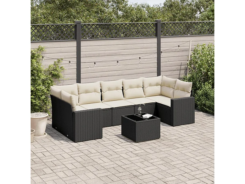Salon de jardin 8 pcs avec coussins noir résine tressée