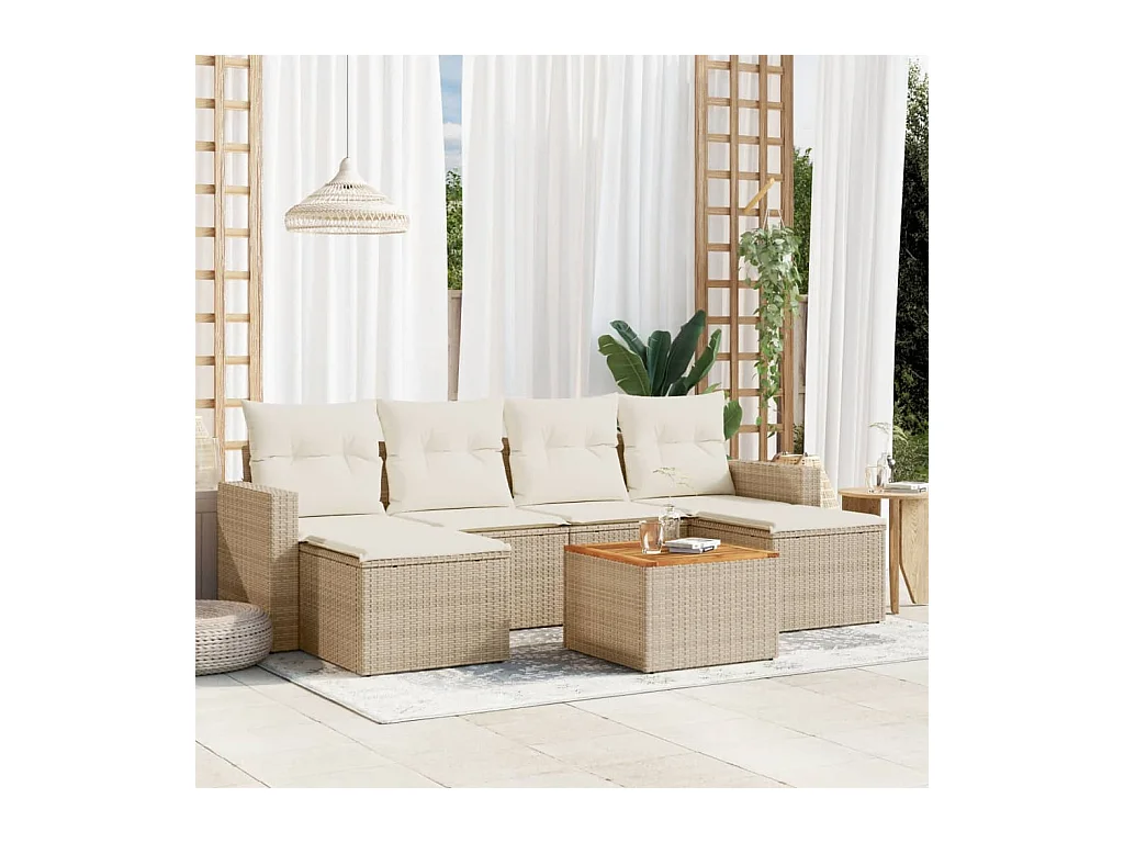 Set sofás de jardín 7 piezas y cojines ratán sintético beige
