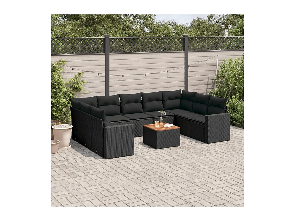 Salon de jardin 10 pcs avec coussins noir résine tressée