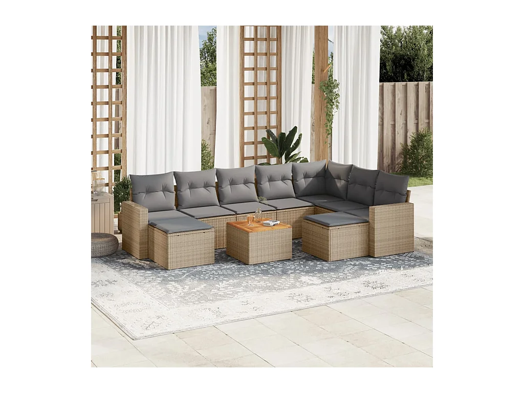10-tlg. Garten-Sofagarnitur mit Kissen Beige Poly Rattan