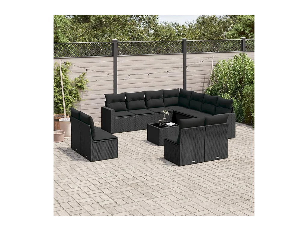 Salon de jardin 12 pcs avec coussins noir résine tressée