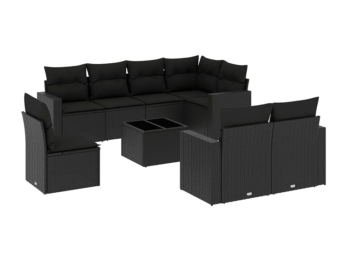 Set Divani da Giardino 9 pz con Cuscini Nero in Polyrattan