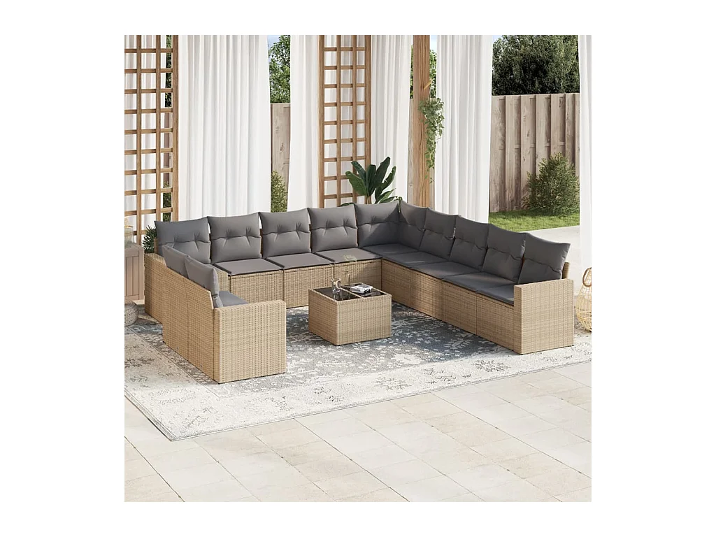 12-tlg. Garten-Sofagarnitur mit Kissen Beige Poly Rattan