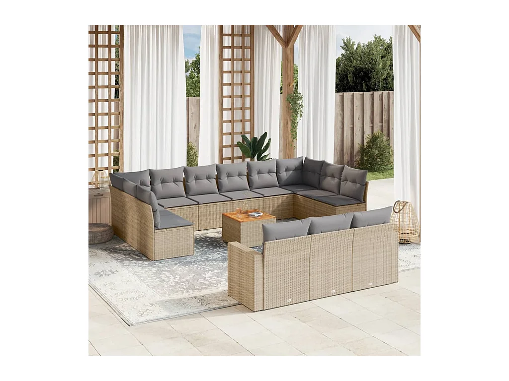 Salon de jardin avec coussins 14 pcs beige résine tressée
