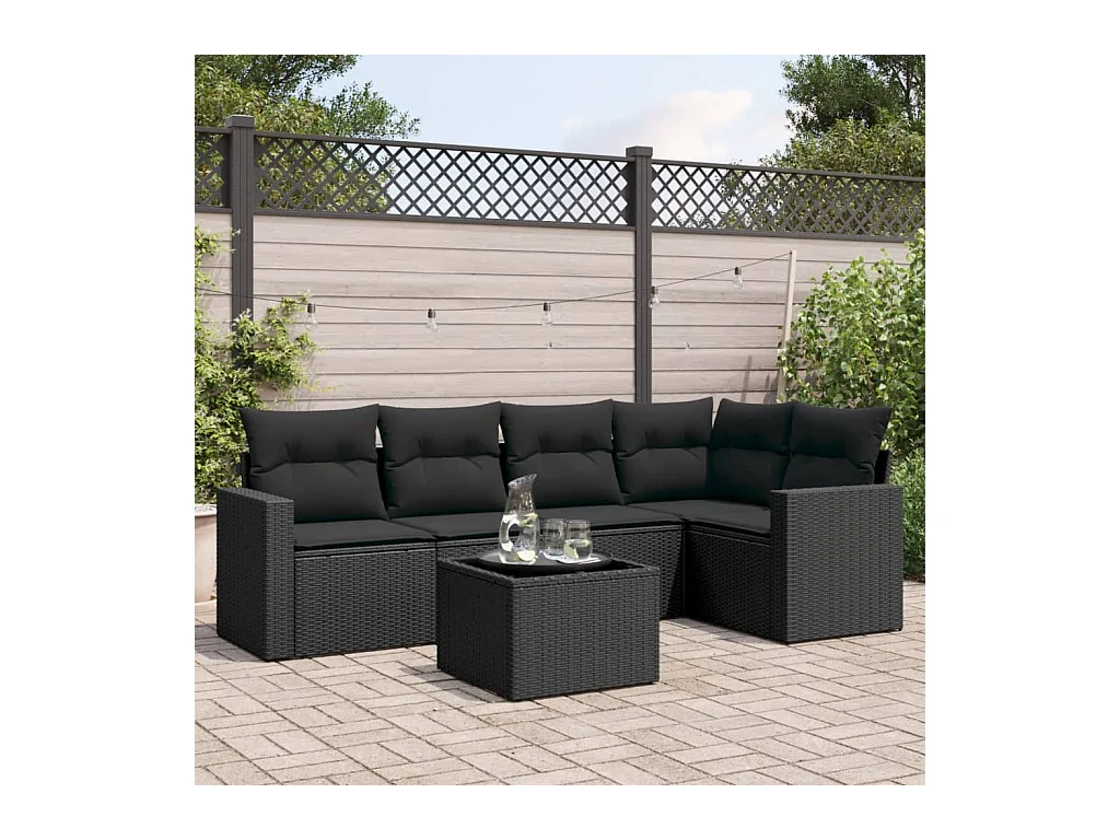 Set Divano da Giardino 6 pz con Cuscini Nero in Polyrattan